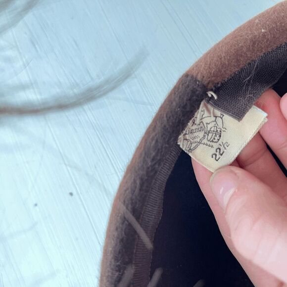 1950s Feathered Wool Pillbox Hat | Brown & Cream | “Winner” Equestrian Tag 22.5” - Picture 6 of 12